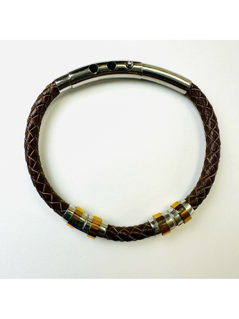 K.Penko leather stainless steel mens bracelet braided brown leather adjustable